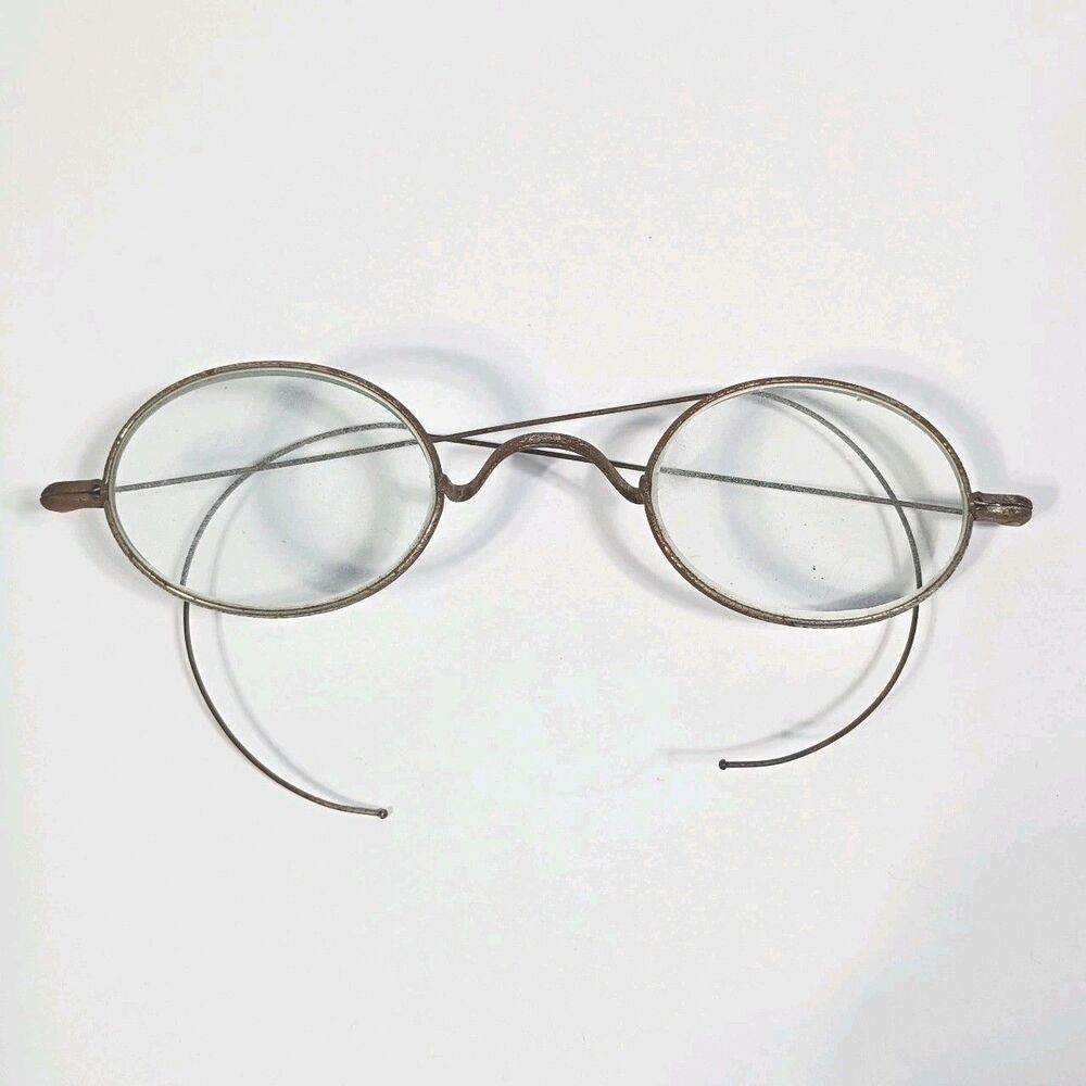 Antique Oval Wire Frame Reading Glasses Ear Hook Glass Lenses Vintage Spectacles